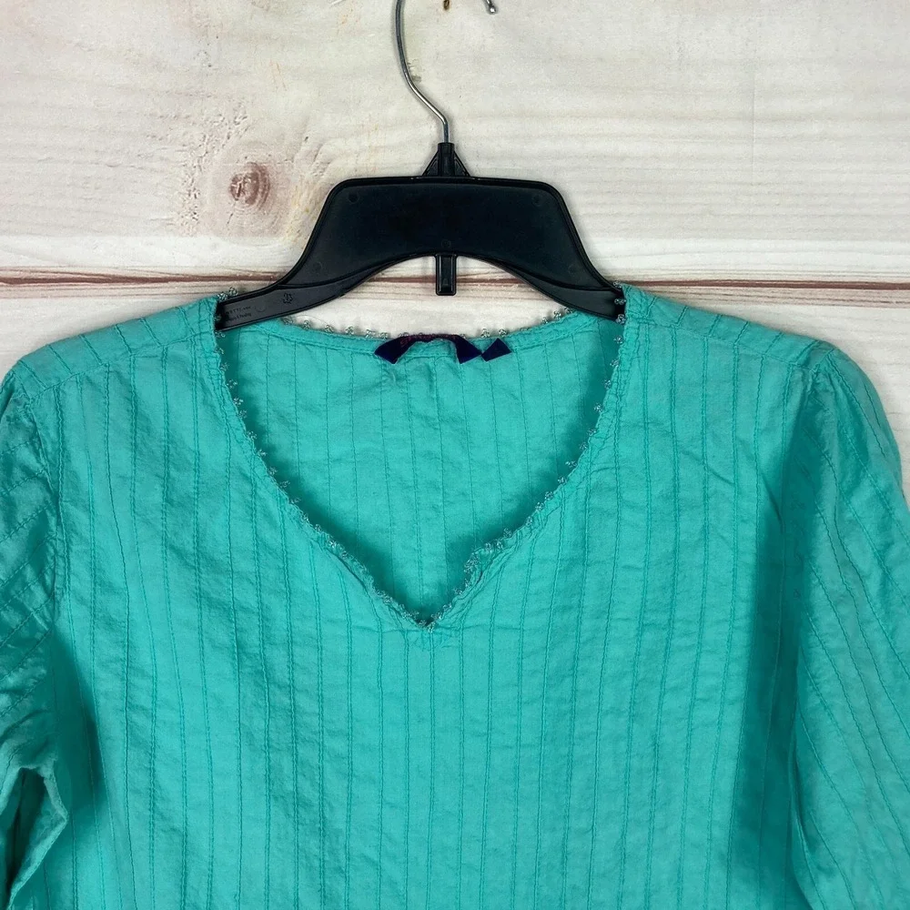 Srishti Top Womens L Green 3/4 Sleeve Tunic Indian Kurti Bead Neck Cotton Blouse